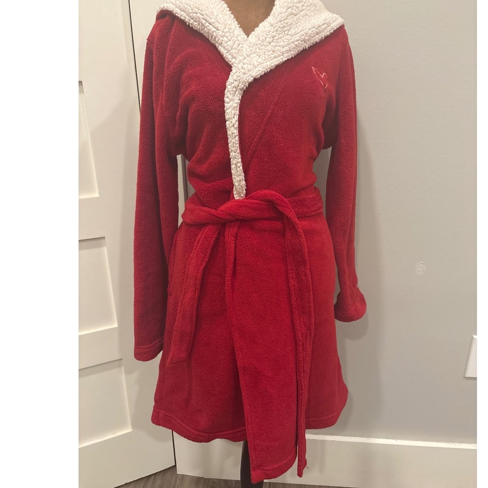 Vintage Victoria's Secret Red Plush Fleece Sherpa Lined Hooded Robe Heart XS/S